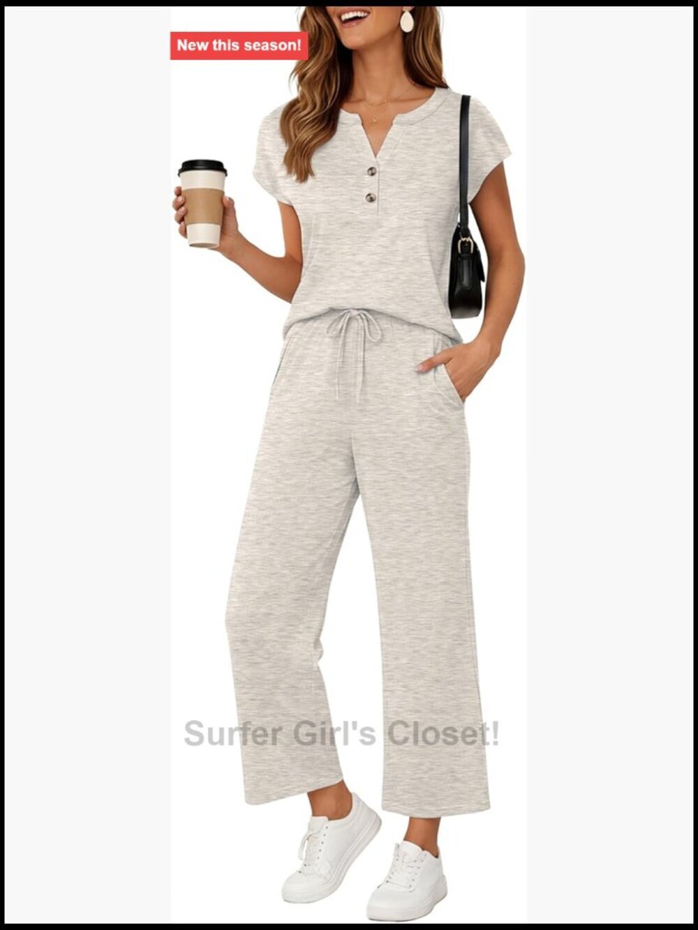 Two Piece Lounge Set V-Neck Top Wide Leg Pants Travel Outfit